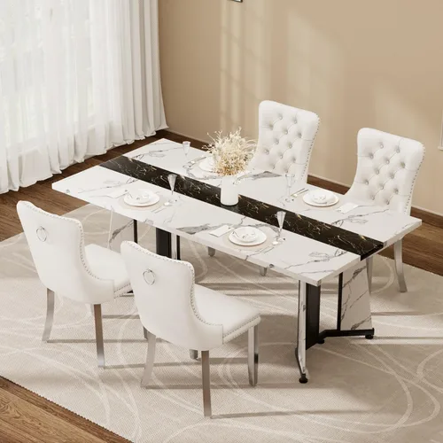 Vista 11 de Juego de mesa de comedor de 5 piezas con 4 sillas, mesa de comedor rectangular de madera de 71 pulgadas con sillas de comedor de terciopelo, tablero