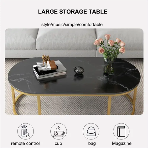 Vista 3 de Mesa Marble Oval Coffee Table Nordic Creative Metal Side Table Fashion Wrought Iron Center Table w/Metal e Home Living Room Furniture Black