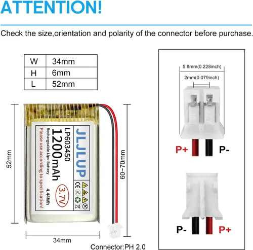 Vista 3 de Batería Lipo de 3.7 V 1200 mAh Baterías recargables de polímero de litio con cable PH 0.079 in Conector Circuito de protección integrado