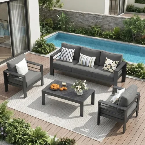 Vista 38 de Solaste Sofá de aluminio para patio con mesa auxiliar, juego de 3 muebles de patio con cojines, sofá de exterior para todo tipo de clima