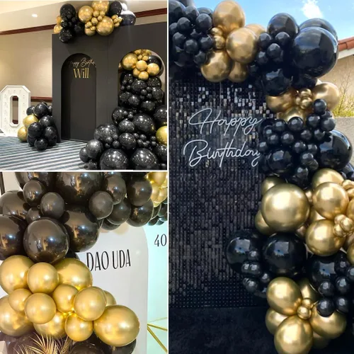 Vista 7 de Globos negros y dorados, 50 globos de confeti negro y dorado de 12 pulgadas, decoraciones de fiesta para cumpleaños, graduación, Año Nuevo, boda