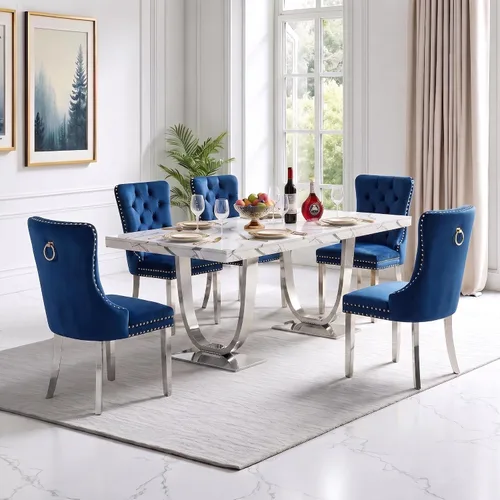 Vista 21 de Henf Mesa de comedor rectangular de mármol sintético blanco de 70 pulgadas Blanco & Oro