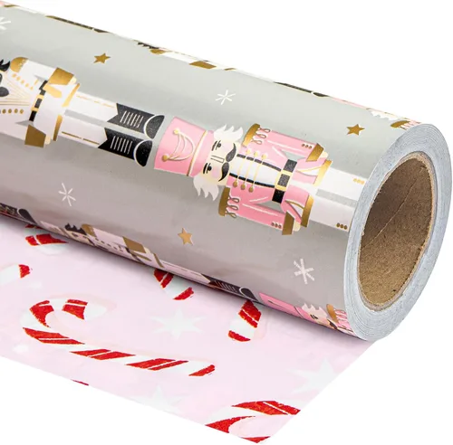 Vista 20 de WRAPAHOLIC - Papel de regalo de Navidad reversible, minirollo, 17 pulgadas x 33 pies, diseño de árbol de Navidad con letras “joy”, perfecto