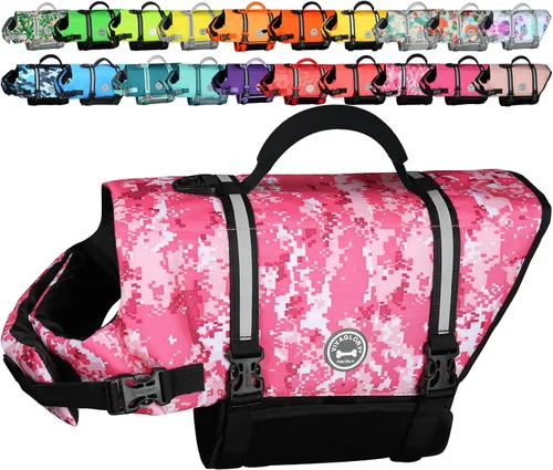 Vista 18 de VIVAGLORY Chaleco salvavidas para perros Rip Stop, chaleco de natación con asa, flotabilidad para perritos cachorros, chaleco salvavidas para perros