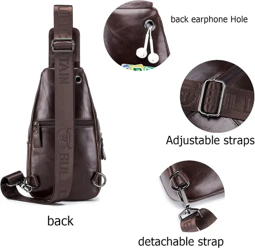 Vista 4 de BULLCAPTAIN Bolso bandolera de cuero genuino con múltiples bolsillos para hombre, bolso cruzado de viaje, mochila de hombro pequeña casual