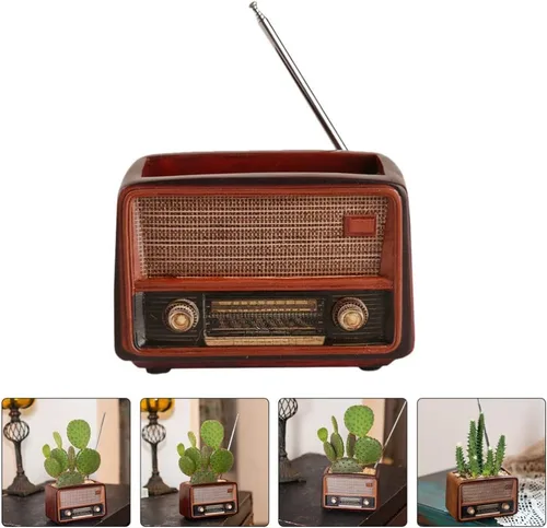 Vista 8 de BESTOYARD Maceta con forma de radio creativa retro maceta suculenta planta contenedor escritorio maceta cactus planta maceta