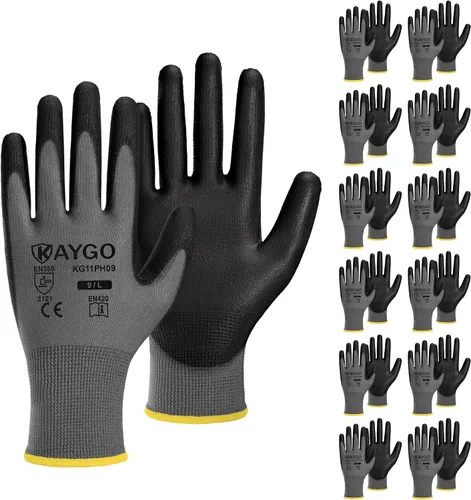 Vista 31 de KAYGO KG11PB - Guantes de trabajo de seguridad con revestimiento de poliuretano, 12 pares de guantes de punto sin costuras para hombres y mujeres