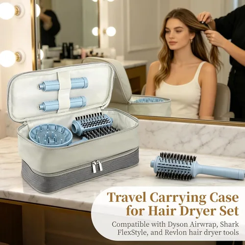 Vista 4 de Estuche de transporte de viaje para secador de pelo, compatible con Airwrap, Shark FlexStyle, Revlon Dryer, bolsa de almacenamiento de doble capa