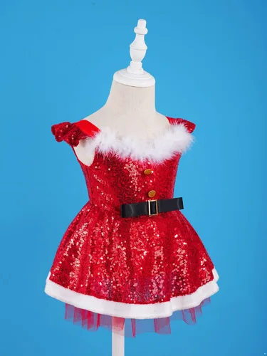 Vista 4 de TiaoBug Disfraz de Navidad para bebés y niñas, disfraz de Papá Noel, conjunto de ropa con sombrero de copo de nieve