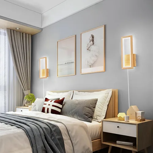 Vista 2 de Apliques de pared modernos de color madera enchufables de 18 W, lámpara de pared LED simple para interiores, 6000 K, luces de pared rectangulares