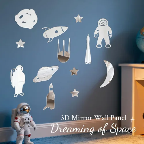 Vista 2 de 14 calcomanías de pared de espejo de cohete espacial de astronauta, calcomanías de pared de planeta del espacio exterior, decoración de dormitorio
