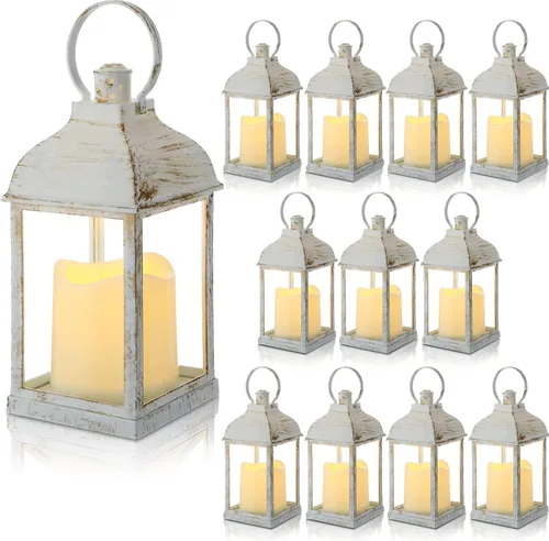Vista 7 de Juego de 12 faroles decorativos de bronce de 10 pulgadas para velas a granel, centro de mesa con vela LED sin llama, para interiores y exteriores