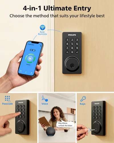 Vista 2 de Cerradura inteligente Philips, cerradura de puerta inteligente incorporada con WiFi, control remoto por aplicación, cerradura de puerta de entrada