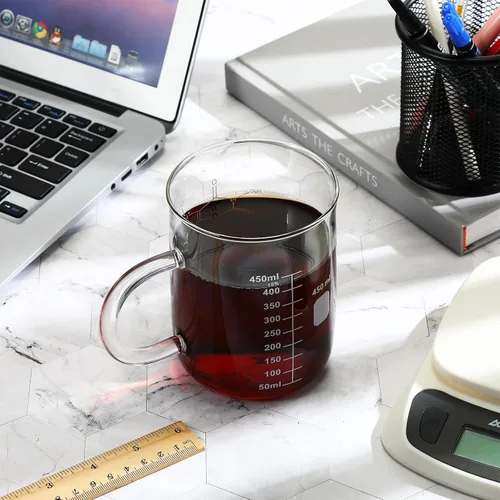 Vista 4 de Hsei 1 paquete de 16 oz taza de taza de cafeína molécula de cafeína con asa vaso graduado taza de café taza de café de vidrio borosilicato taza