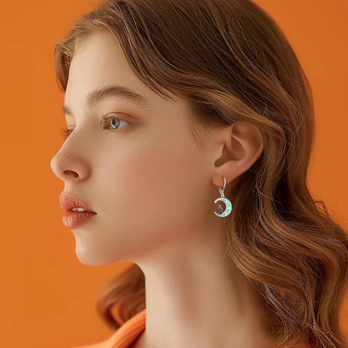 Vista 194 de Aretes colgantes de plata de ley con diseño de árbol de la vida, flor, abeja, animales, gato, colibrí, piedra lunar, turquesa, aretes con cierre