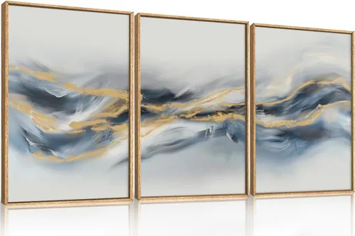 Vista 32 de Lienzo decorativo abstracto grande con marco naranja quemado, decoración de pared azul neutro y negro, arte moderno con pinceladas, impresión