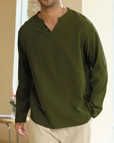 Vista 8 de Angbater Camiseta casual de lino Henley de manga corta para hombre, camiseta hippie de playa, camiseta ligera tropical para verano