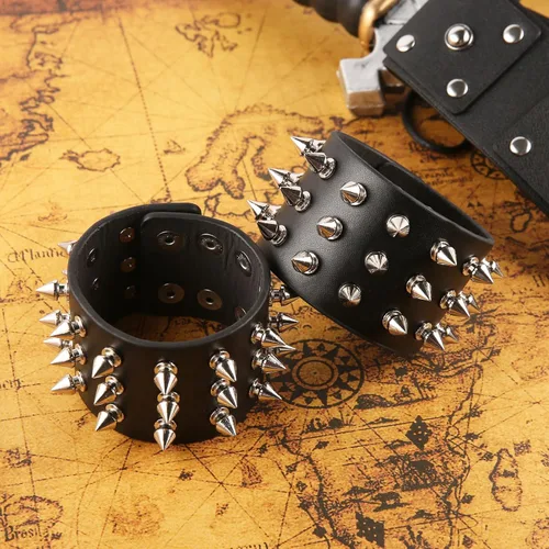 Vista 5 de HZMAN Brazalete unisex negro con pinchos de metal estilo punk/rock, correa ancha de cuero