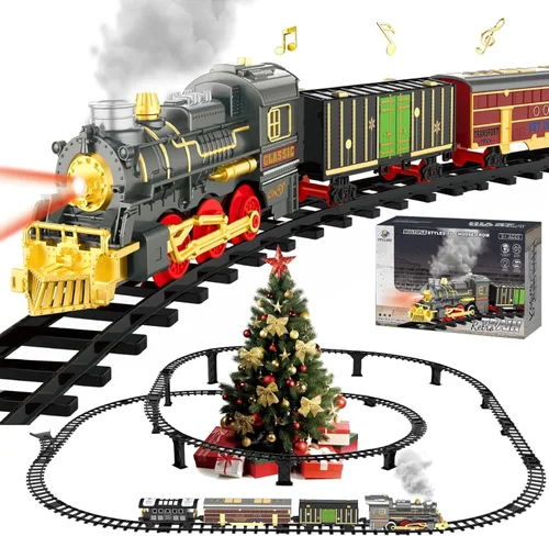 Vista 8 de Juego de tren eléctrico con pistas elevadas 3D, música, locomotora, vagones de pasajeros, luces y modo silencioso, tren de Navidad para niños