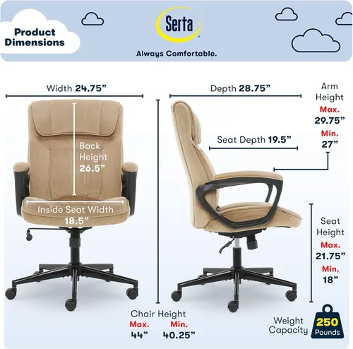 Vista 3 de Serta® Hannah Silla ejecutiva para oficina en casa, ergonómica de respaldo medio con soporte lumbar, cojín de asiento firme, almohadas corporales