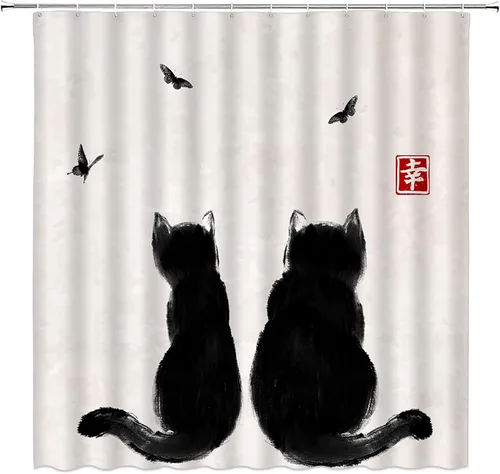 Vista 10 de Juego de 4 cortinas de ducha asiáticas japonesas para baño, gato asiático, divertido, retro, chino, tradicional, pintura de tinta, arte de mariposa