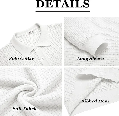 Vista 6 de COOFANDY Polo de punto para hombre, de manga larga, ligero, a la moda, informal, con cuello