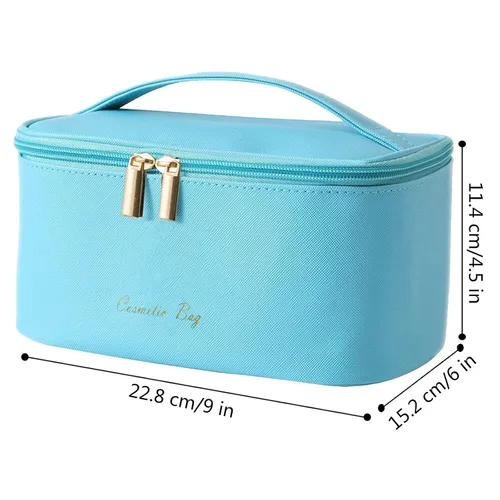 Vista 3 de Bolsa de maquillaje pequeña para mujeres, con cremallera, organizador, impermeable, bonita (azul claro)