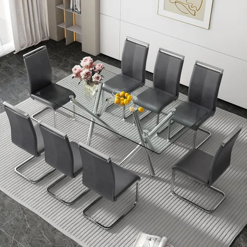 Vista 33 de Juego de 6 mesas de comedor de cristal, moderno juego de mesa de comedor de vidrio templado rectangular transparente de 71 pulgadas y 6 sillas