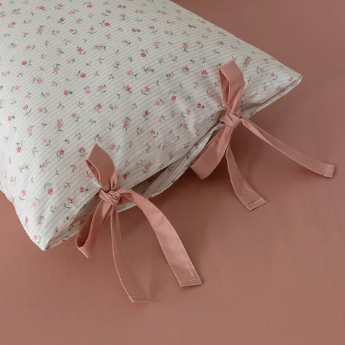 Vista 13 de Fundas de almohada de flores rosadas, 2 piezas, fundas de almohada de cama florales con elegantes lazos, 100% algodón, fundas de almohada estándar