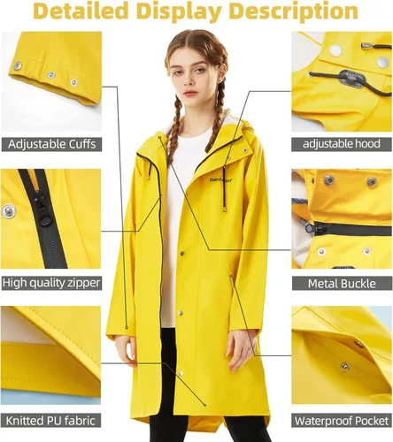 Vista 3 de RAINFREEM Chubasquero para mujer, impermeable, con capucha, abrigo de senderismo, ligero, rompevientos, gabardina