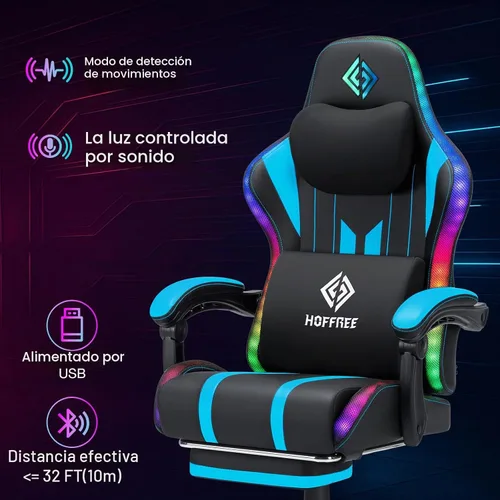Vista 5 de HOFFREE Silla Gaming con Luces LED RGB de Ritmo Musical y Altavoces Bluetooth Silla Ergonómica de Gaming para Computadora con Masaje y Reposapiés