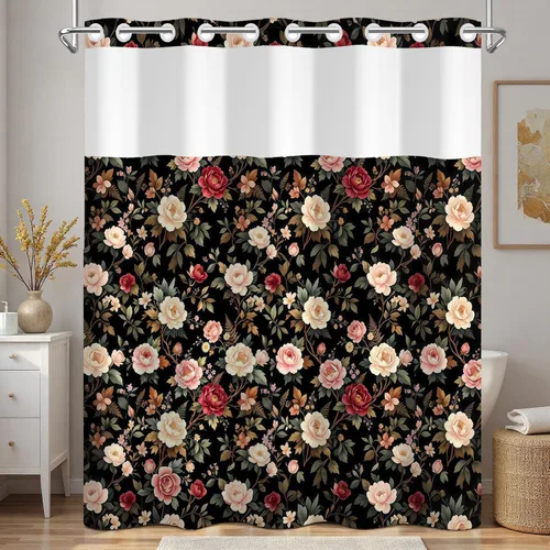 Vista 10 de No Hook Geometric Shower Curtain with Snap in Liner - 71″W x 74″L Waterproof Fabric with Mesh Top Window, Modern Abstract Triangle Design Bath