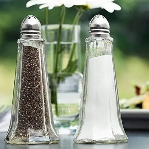 Vista 2 de Salero y pimentero 1 oz, tapa alta plateada, mini utensilio de cocina de cristal, 12 piezas