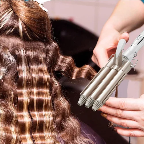 Vista 2 de Rizador de pelo eléctrico, rizador profesional de 3 pelos, rizador de pelo, herramienta de peinado para mujeres o niñas, 0.866 in (champán) (EE.UU.)