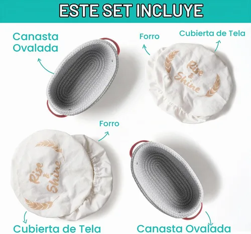 Vista 6 de Baker's Secret Juego de cestas de pan Banneton de cuerda de algodón, 2 cestas ovaladas para pan con forros y cubiertas para hornear pan artesanal