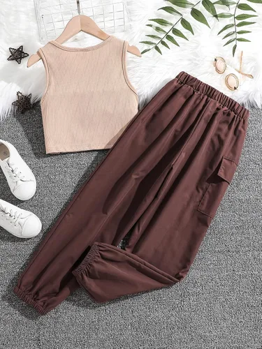 Vista 2 de Floerns Conjunto de 2 piezas para niñas con estampado de letras y pantalones cargo
