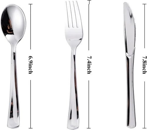 Vista 2 de N9R 120 Piezas Cubiertos de Plástico Plateado, Juego de Cubiertos de Plástico Plateado Cubiertos Desechables Vajilla - 60 Tenedores, 30 Cucharas, 30
