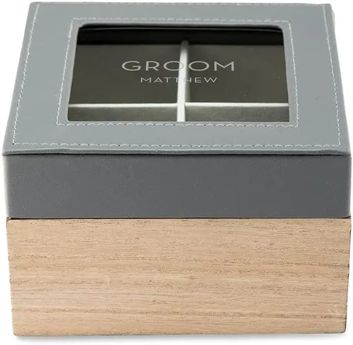 Vista 5 de Weddingstar Caja de recuerdo personalizada de madera y piel sintética con tapa de cristal, texto clásico