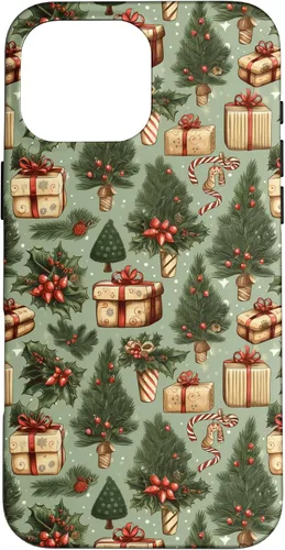 Vista 19 de Vintage Christmas Theme Holiday Trees, Presents, Teal, Bows Case for iPhone 17