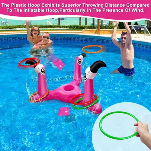 Vista 6 de Juego de juguetes inflables de flamenco 2 en 1 para lanzar y lanzar anillos. Juego de juguetes inflables de flamenco para piscina y cornhole