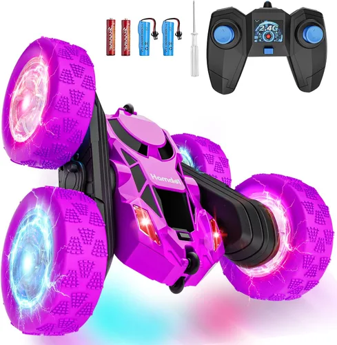 Vista 10 de Hamdol Auto de control remoto para niños, auto de acrobacias RC giratorio de 360°, vehículo eléctrico 4WD de doble cara con luces LED, autos de Azul