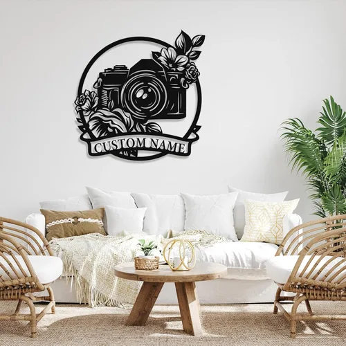 Vista 2 de Letrero de metal personalizado para fotógrafo, arte de pared de hierro para cámara y niña con cámara, decoración única con temática de fotografía