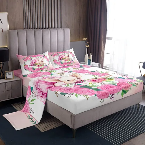 Vista 9 de Erosebridal Juego de sábanas de tamaño individual con diseño de gatos y gatos, con temática de animales, con flores coloridas, juego de sábanas