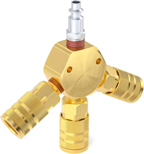 Vista 6 de TAISHER 2Pcs 3-Way 1/4 Inch NPT Hex Style Air Manifold with 3 Pieces Brass Industrial Coupler and Plug, Air Compressor Hose Accessories Quick