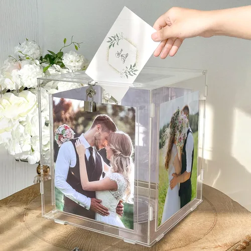 Vista 6 de OurWarm Caja de tarjetas de boda de acrílico con marco de fotos para fotos de 8 x 10 pulgadas, soporte grande giratorio para caja de regalo
