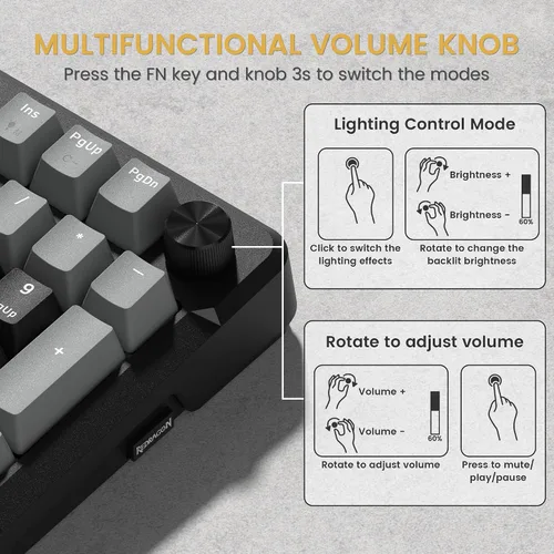 Vista 8 de Redragon K742 Teclado Mecánico Inalámbrico para Juegos con Perilla, Bluetooth 5.0/2.4GHz/USB C Teclado Cableado Cremoso con Teclado Numérico