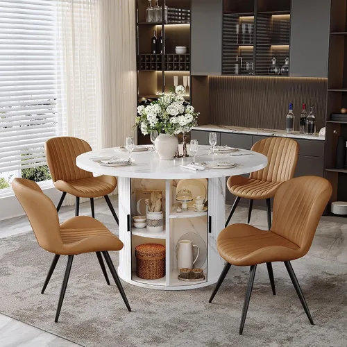 Vista 31 de Miereirl Juego de mesa y sillas de comedor moderno redondo, con una mesa de comedor de madera equipada con compartimentos de almacenamiento