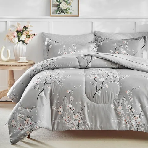 Vista 2 de AIKASY - Juego de 7 piezas de edredón reversible de microfibra suave, juego de cama en una bolsa, tamaño Queen - Estampado floral