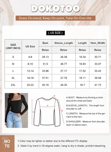 Vista 4 de Dokotoo Camisetas de manga larga con cuello cuadrado para mujer, básicas, acanaladas, ajustadas, color liso
