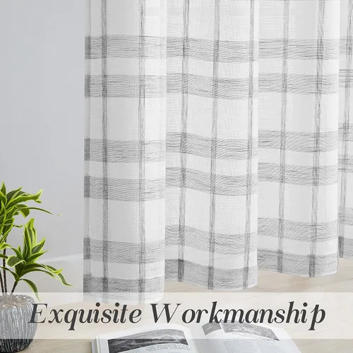 Vista 3 de SXZJTEX Cortinas a cuadros grises y blancos, cortinas rústicas de lino traslúcido a cuadros de 63 pulgadas de largo para sala de estar, dormitorio